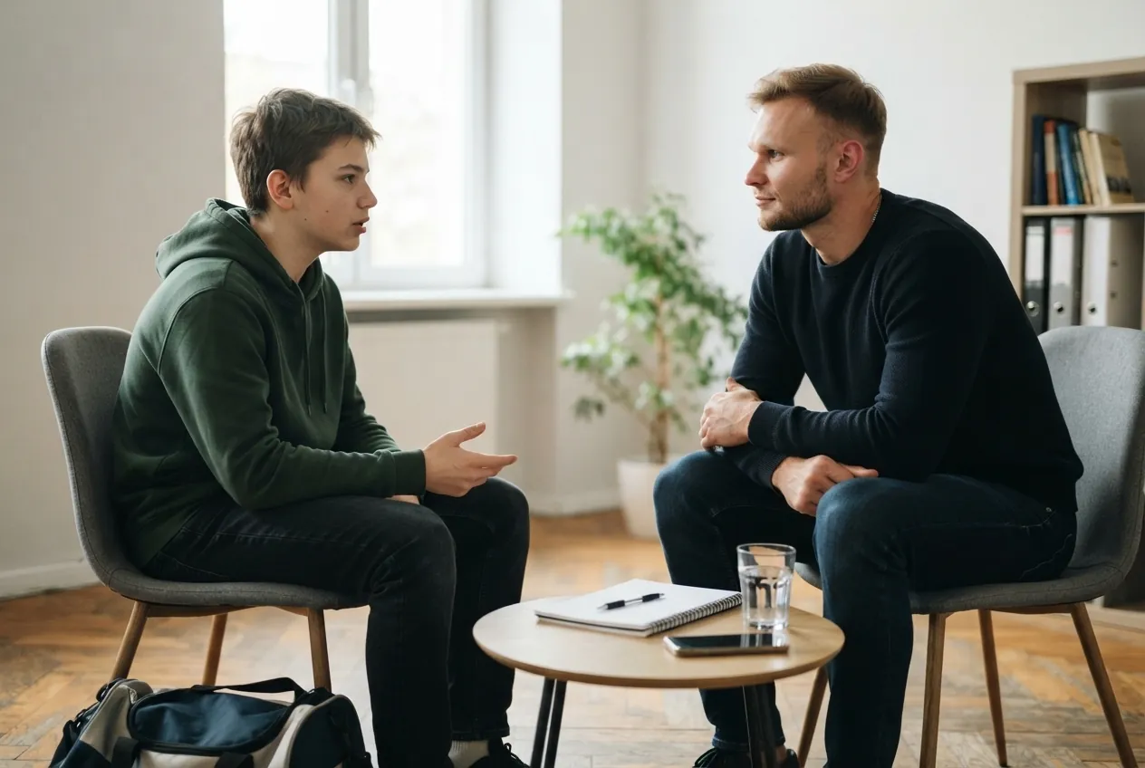 Trener mentalny rozmawia z młodym zawodnikiem podczas sesji